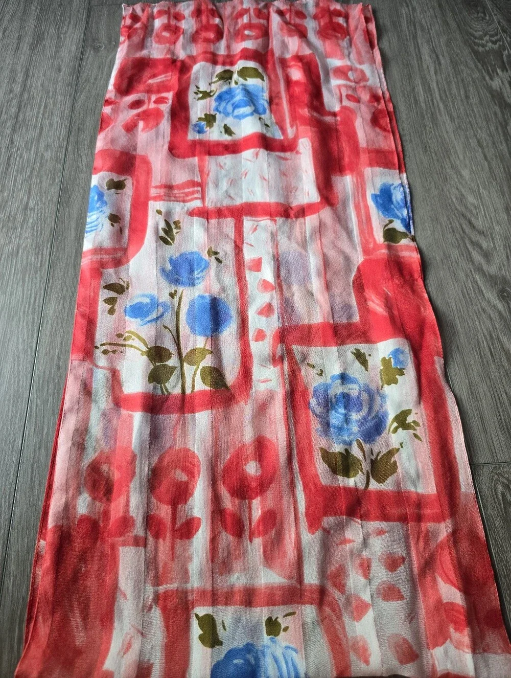 Sheer Chiffon Oblong Scarf Painterly Blue Rose Red Abstract Floral Wrap Long